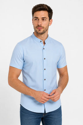 Camisa Linho Gola Padre Manga Curta Azul Claro