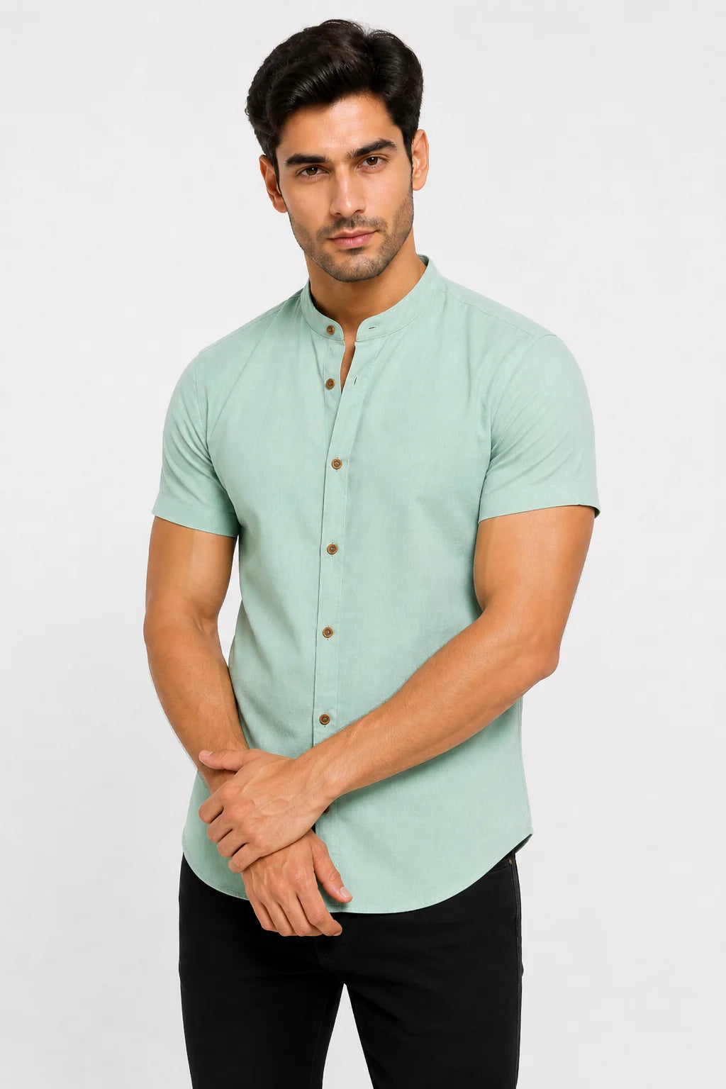 Camisa Linho Gola Padre Manga Curta Verde