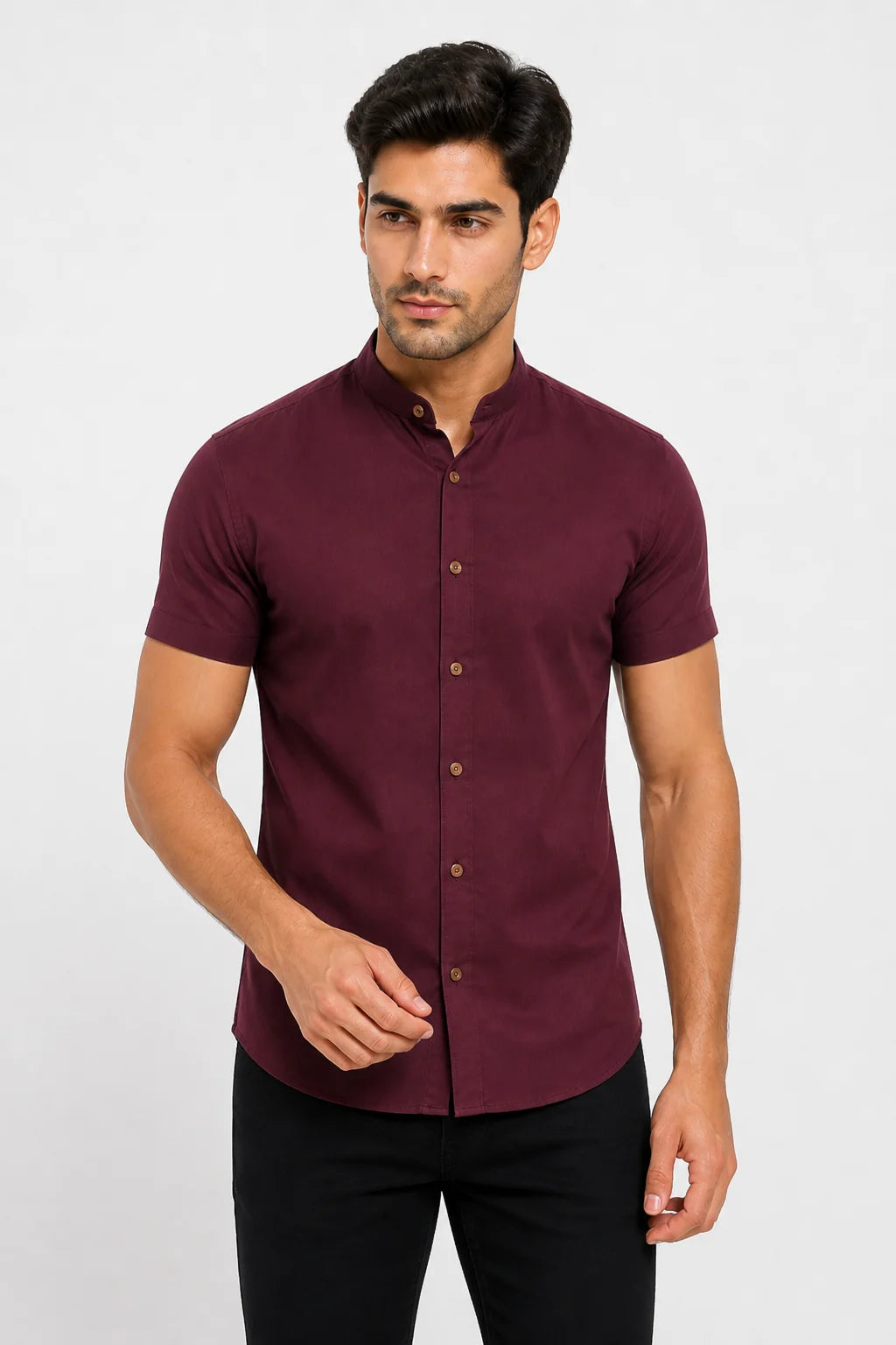 Camisa Linho Gola Padre Manga Curta Vinho
