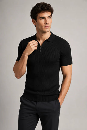 Camisa Polo Malha Canelada com Zíper Manga Curta