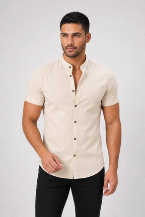 Camisa Linho Gola Padre Manga Curta Azul Claro