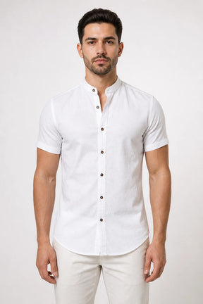 Camisa Linho Gola Padre Manga Curta Azul Claro