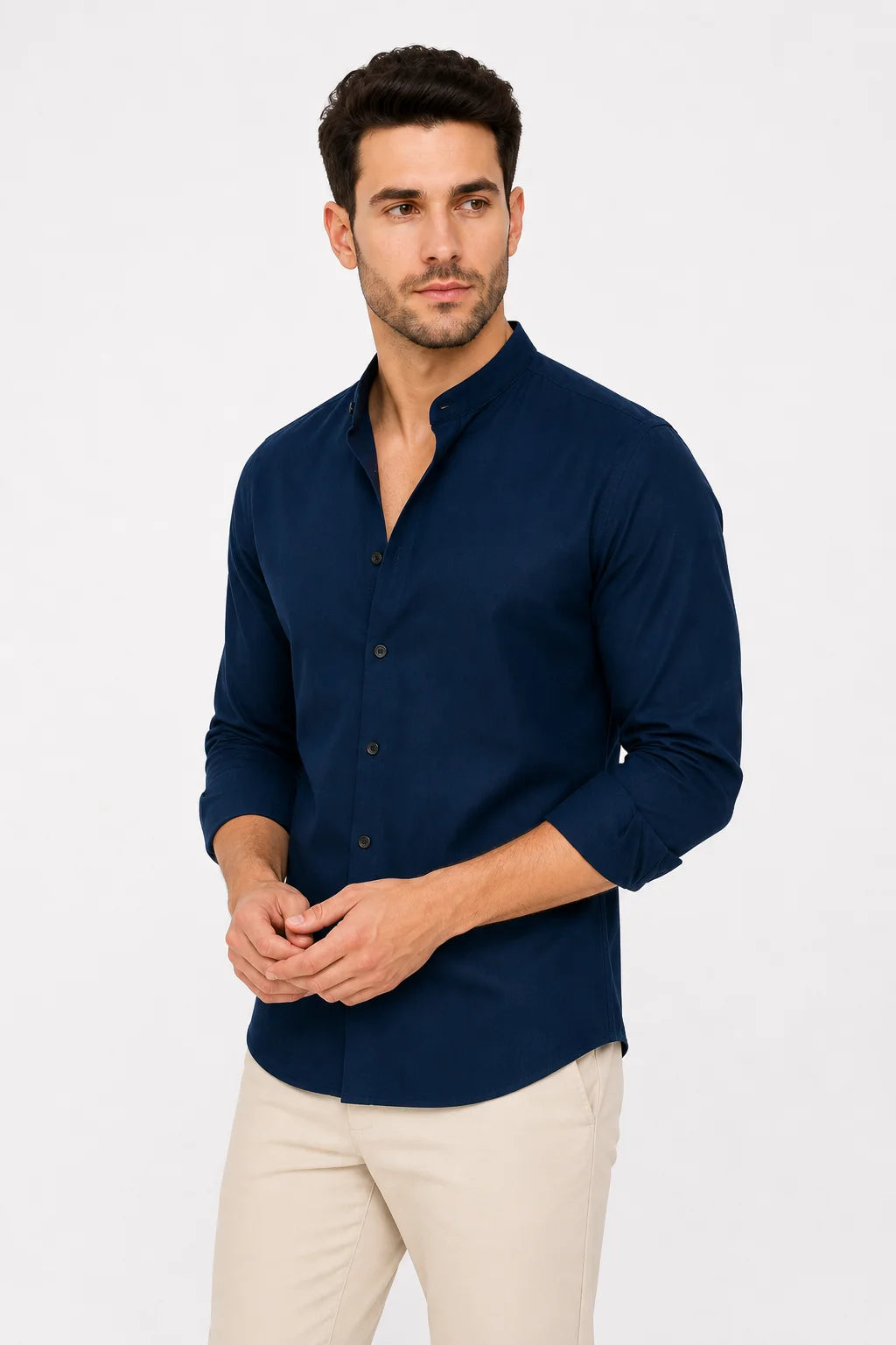 Camisa Linho Gola Padre Manga Longa Bege