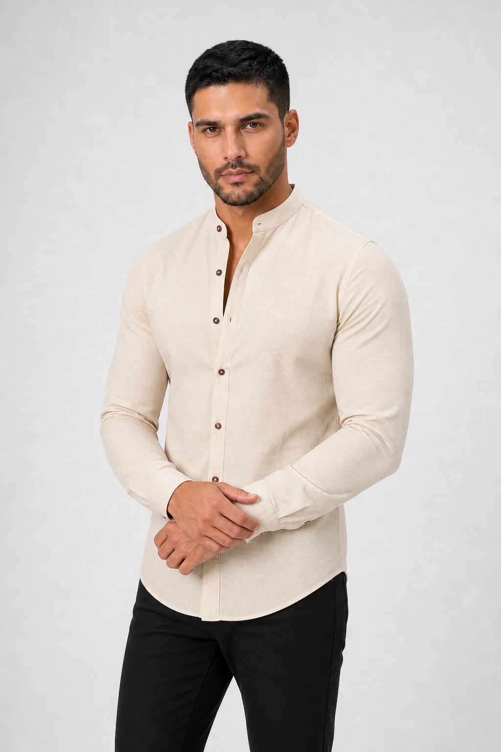 Camisa Linho Gola Padre Manga Longa Bege