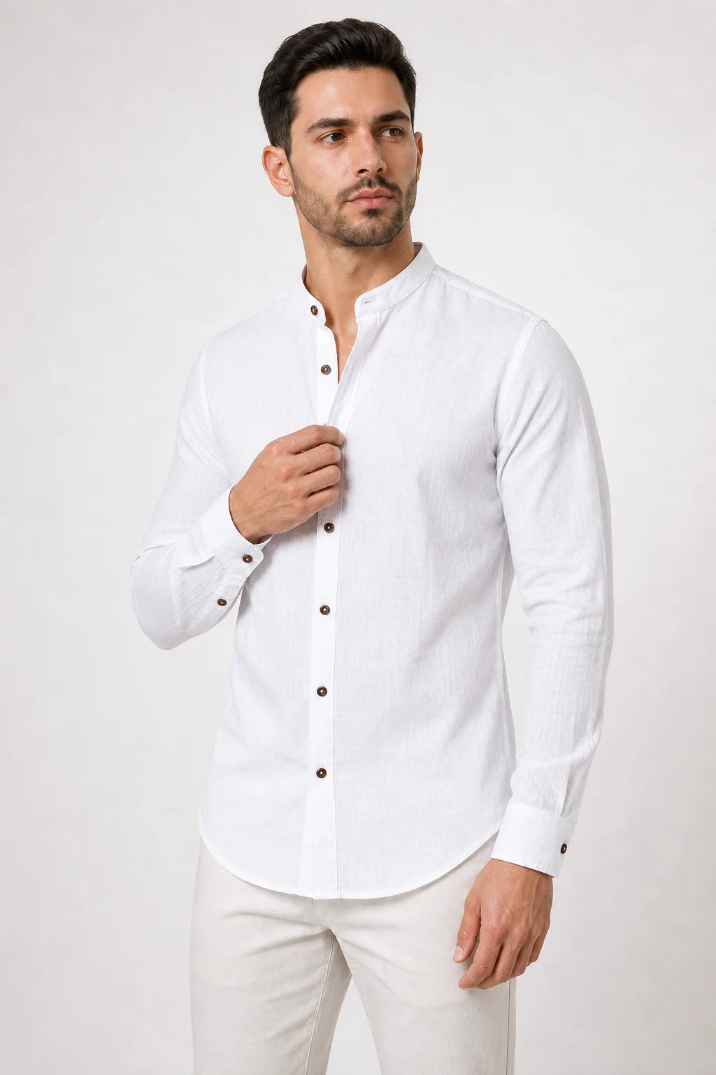 Camisa Linho Gola Padre Manga Longa Bege