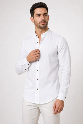 Camisa Linho Gola Padre Manga Longa Bege