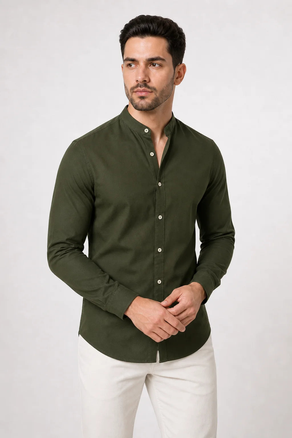 Camisa Linho Gola Padre Manga Longa Bege