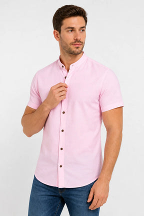 Camisa Linho Gola Padre Manga Curta Azul Claro